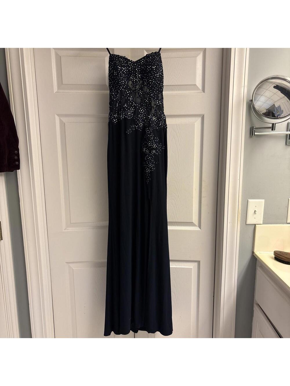 BLONDIE NITES Sequin Beaded Navy Evening Gown Size 9. Prom. Strapless. Stretch